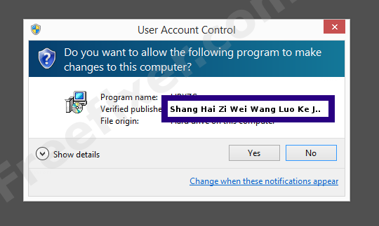 Screenshot where Shang Hai Zi Wei Wang Luo Ke Ji You Xian Gong Si appears as the verified publisher in the UAC dialog